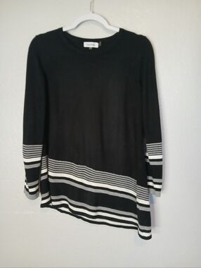 Calvin Klein Asymmetrical Black Gray White Striped Knit  Sweater Size Small